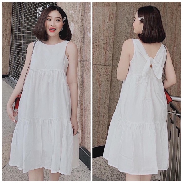 Đầm suông babydoll trắng basic dễ thương nơ sau quyến rũ chất đẹp mẫu hot F1634 Thiên Thành Fashion
