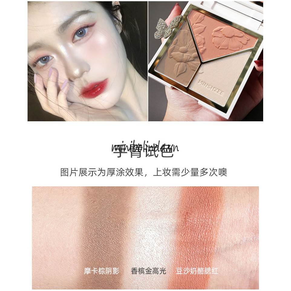 MINSHZEE Phấn highlight + tạo khối + má hồng Phấn Tạo Khối 3 Màu Tricolor Sculpting Powder