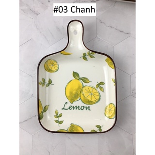 Đĩa vuông có tay cầm, đĩa decor hình Dứa chanh, dâu, dưa hấu, cherry, hoa cúc siêu xinh