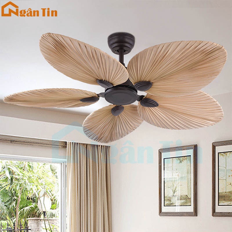 Quạt Trần 5 Cánh Hình Lá Cọ Trang Trí Sảnh Phòng Khách Cao Cấp QT5225 Ngân Tin