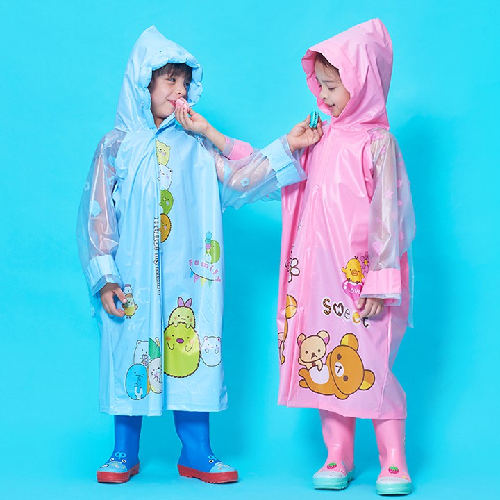 Áo mưa cho bé trai và bé gái 4-10 tuổi có thể làm phồng nón trùm chấp poly cao cấp hình thú đáng yêu Baby-S – SAM014