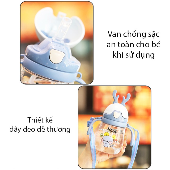 Bình nước cho bé, Bình nước dễ thương có ống hút cho bé tập uống có van chống sặc 300ml bằng nhựa PP Baby-S - SBN010