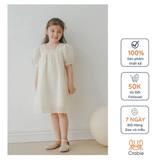 Váy thiết kế bé gái CRABIE suông cộc tay cổ vuông buộc nơ lưng công chúa - Emily dress - Hoa xù kem