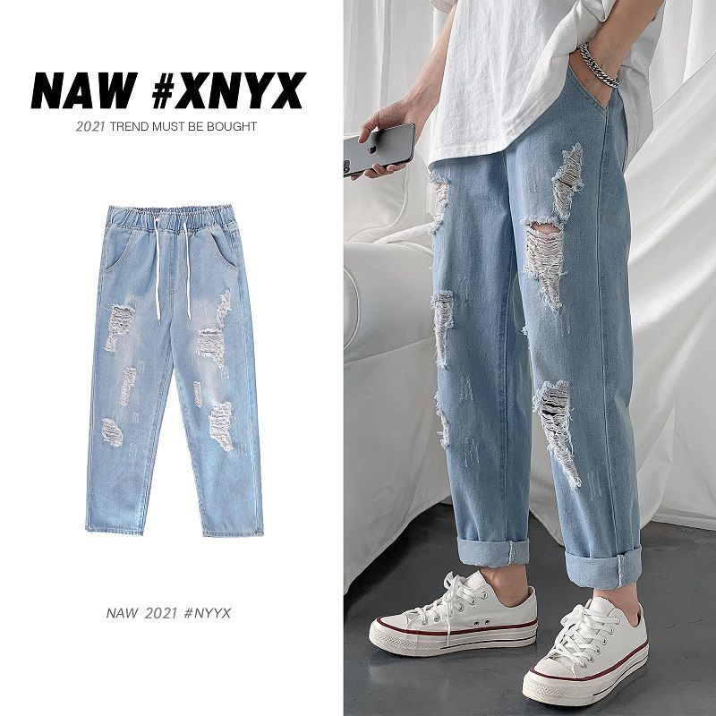 Quần Jeans lửng rách gối thời trang cho nam Size lớn 200 Ji❁ 7.14