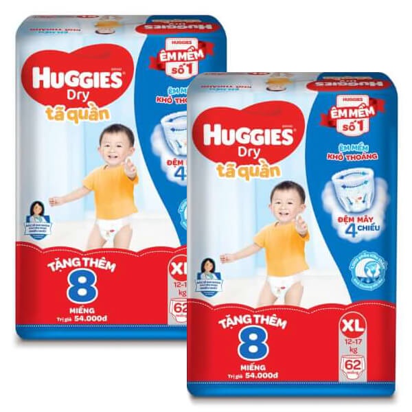 Combo 2 Tã/Bỉm Quần Huggies M74/L68/XL62/XXL56 mẫu đệm mây 4 chiều tặng 16 miếng