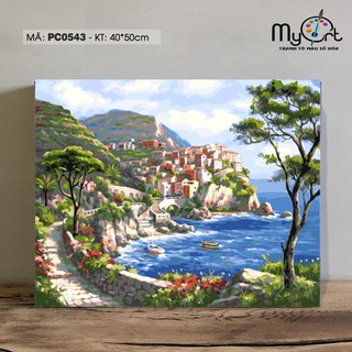 Tranh sơn dầu số hóa tự tô màu phong cảnh bờ biển mã PC0543 bản nâng cấp lọ màu to gấp đôi kèm 2 bộ cọ