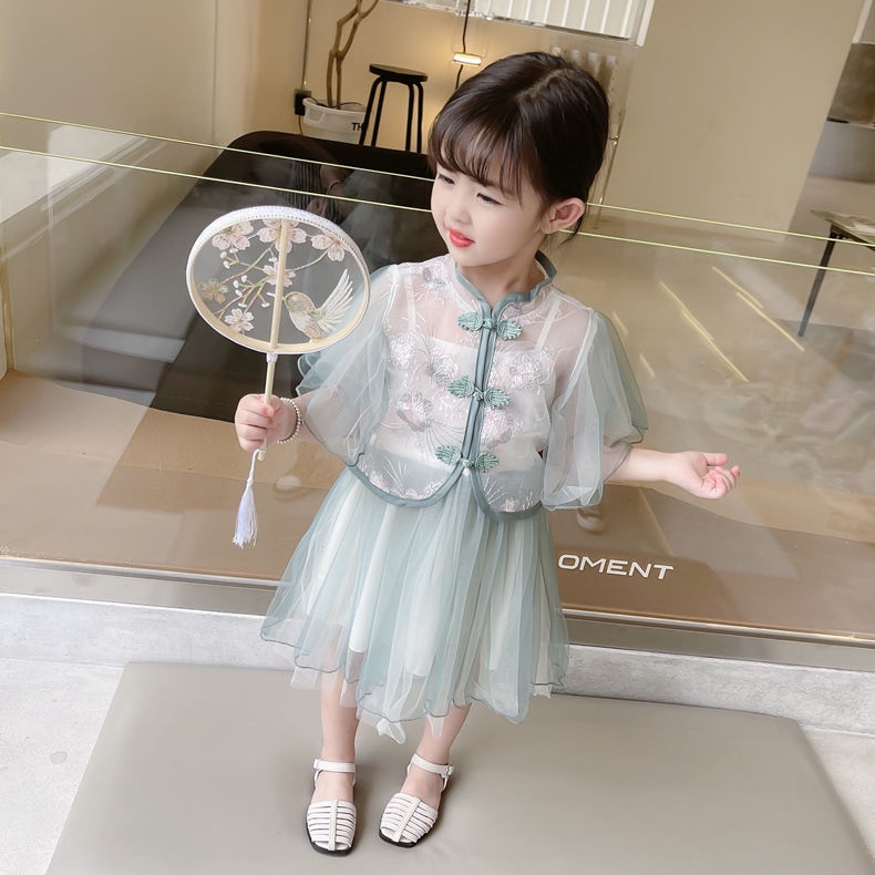 Bộ Đầm Hán Phục Tay Ngắn Phối Lưới Mỏng Thời Trang Mùa Hè 2022 Phong Cách Trung Hoa Mới Cho Bé Gái