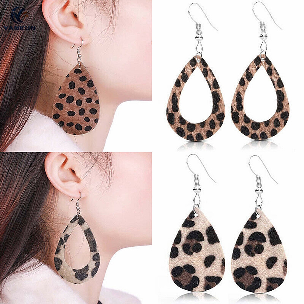 Faux Leather Leaf Earrings Teardrop Dangle Drop Leopard Print Hollow Hook 1 Pair