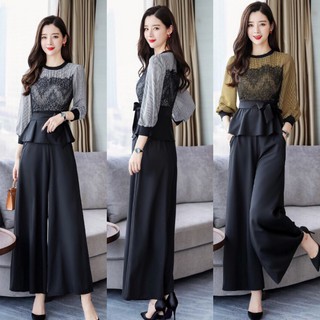 SET BỘ ÁO CÁCH ĐIỆU PHỐI REN PEPLUM QUẦN ỐNG SUÔNG RỘNG SANG TRỌNG CÓ SIZE LỚN XXXL