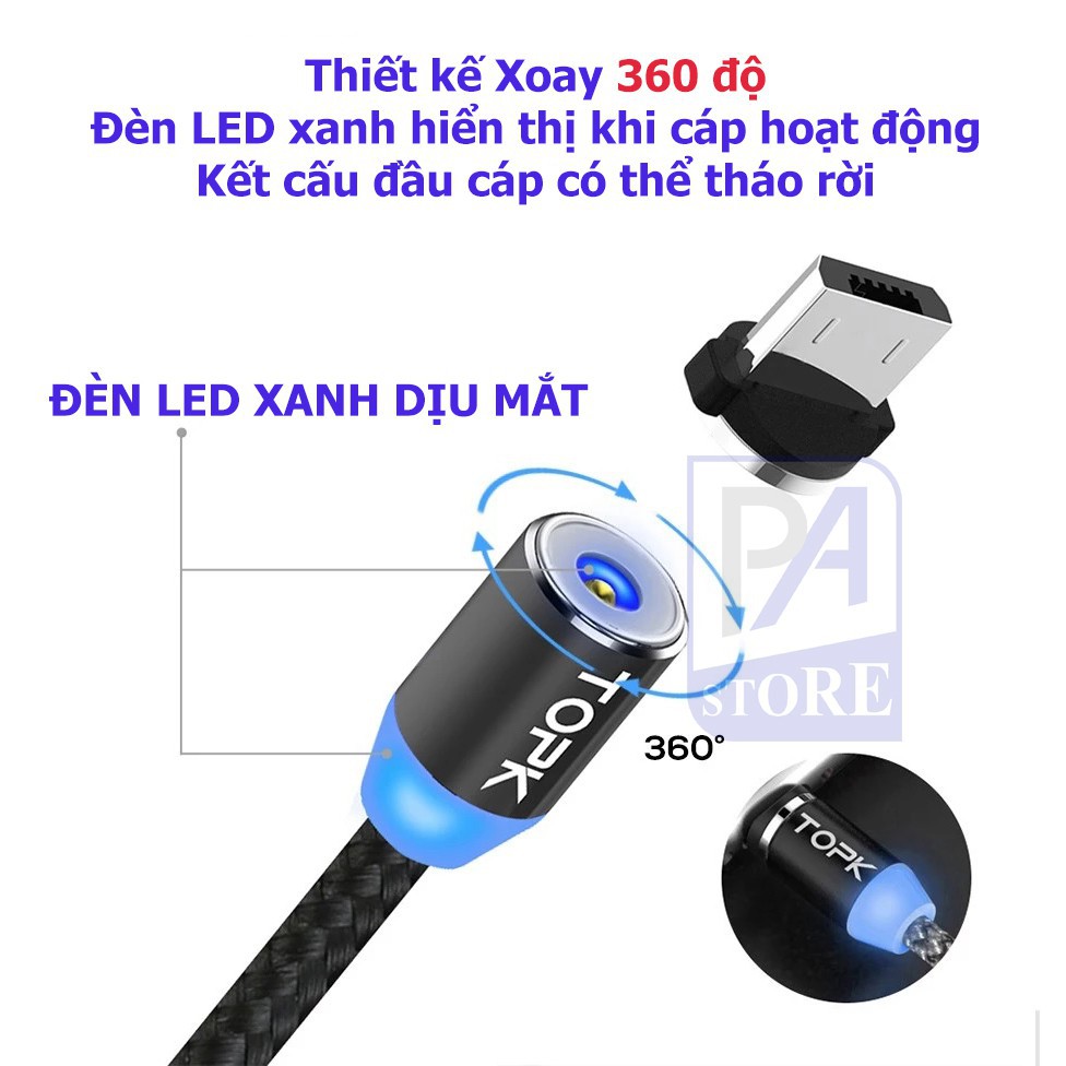 [HOÀN XU] Cáp Sạc Nam châm TOPK Siêu Phong Cách, Dài 1 mét, Đầu Thẳng (Iphone Lightning, Micro USB, USB Type C)