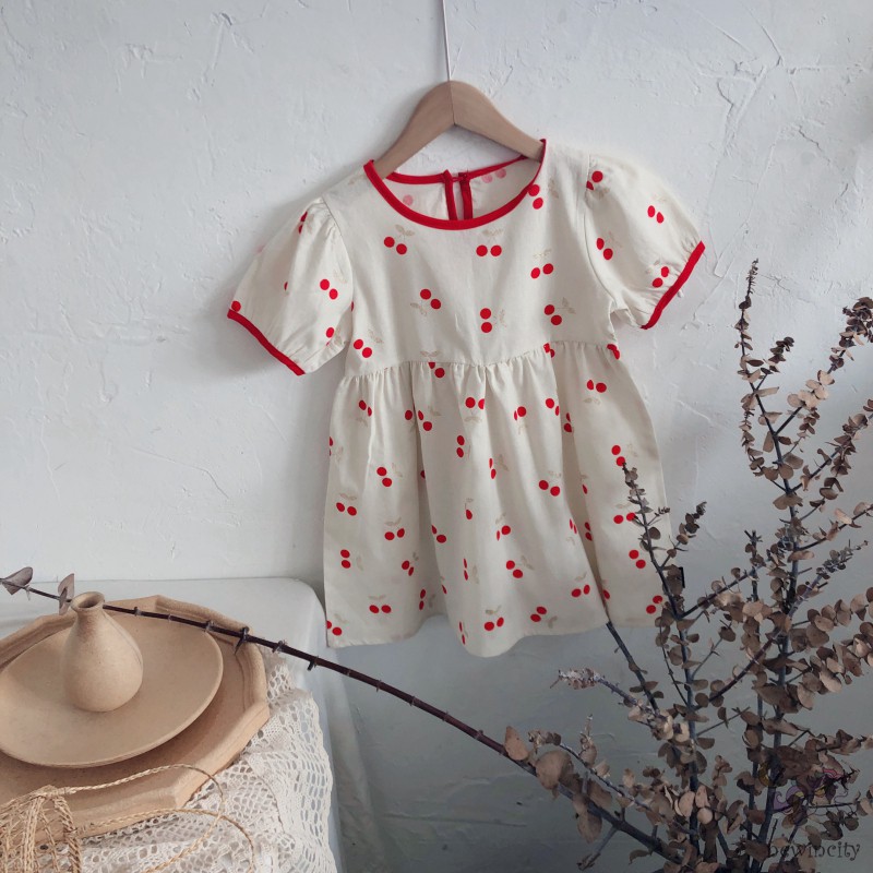 Korean Kids Girls Fashion Sweet Style Cherry Print Lantern Sleeve Design Dress