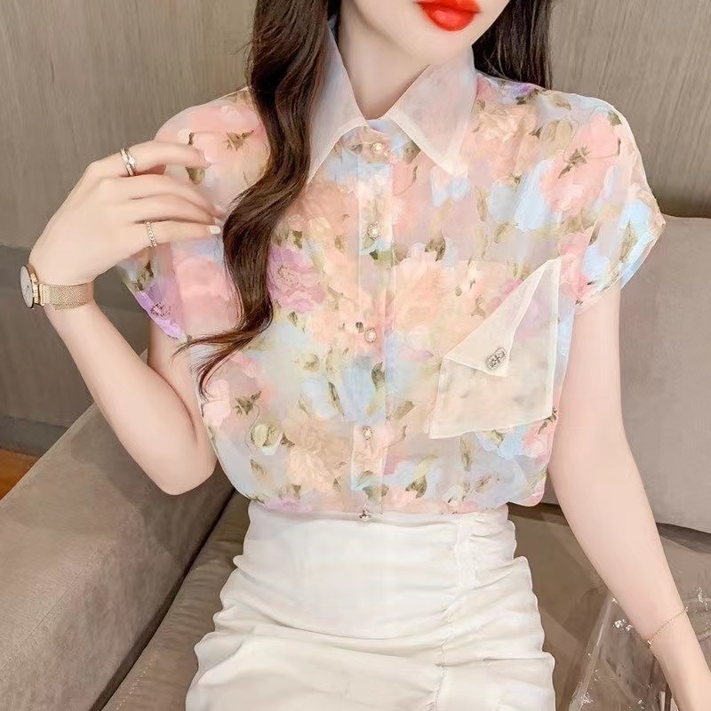 Áo Sơ Mi Voan Tay Ngắn Phồng In Họa Tiết Màu Hồng Thời Trang Dễ Phối Đồ Cho Nữ