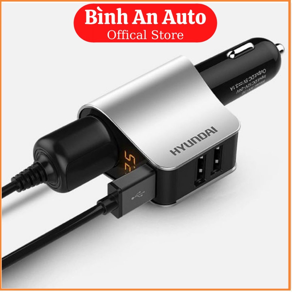Tẩu sạc HYUNDAI 1 tẩu tròn và 3 USB nhỏ - có đèn led báo điện ap acquy - Bình An Auto