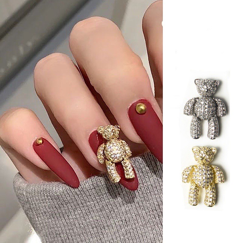 phụ kiện gấu cử động vàng bạc trang trí nail 1 viên