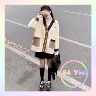 Áo Khoác Cardigan Len Cổ Tim Khuy 2 Túi Dáng Rộng Thêu Chữ Ngực Tay Dài Áo Khoác Thu Đông | Bé Tiu Clothing