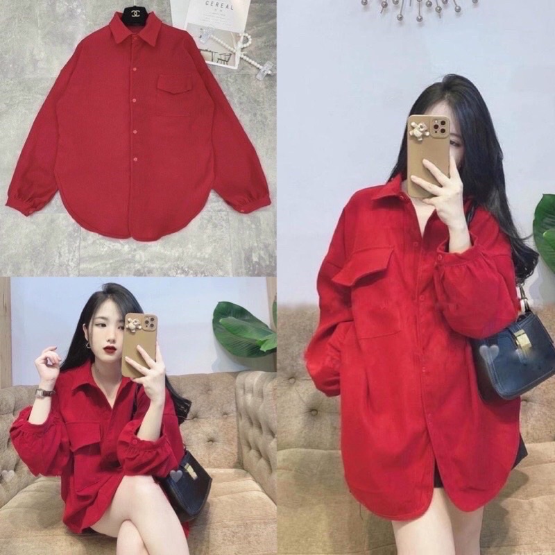 Áo sơ mi nhung tăm overize from rộng 1 túi nhiều màu sắc