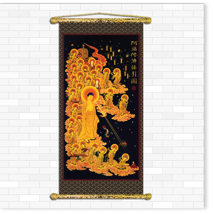 Tranh Liễn Phật Giáo - Tây Phương Tiếp Dẫn – Vải canvas kim tuyến nẹp sáo gỗ tự nhiên nhiều size nhiều mẫu thiết kế