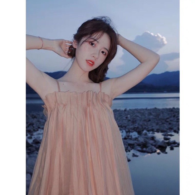 Váy đầm maxi đi biển 2 dây dập ly ngực suông dáng dài chất tơ 2 lớp vintage cổ điển du lịch hàn quốc