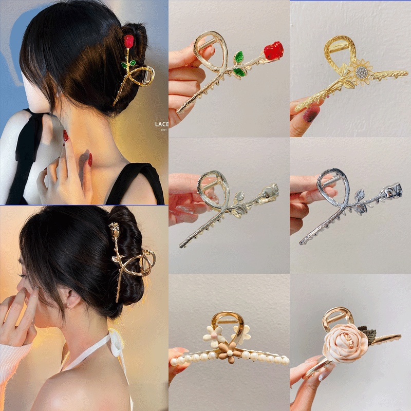 Kẹp Tóc Kim Loại Hình Hoa Hồng Đính Ngọc Trai Thời Trang Hàn Quốc