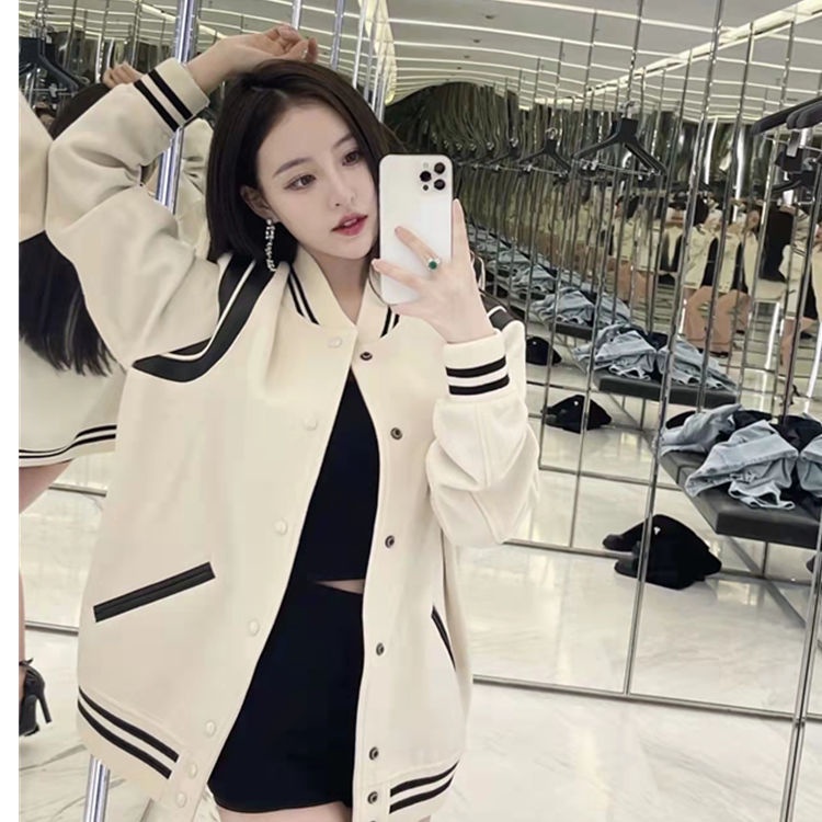 Áo Khoác Bóng Chày Bằng Len 22ss Màu Trắng Đen Phong Cách Mỹ Cổ Điển