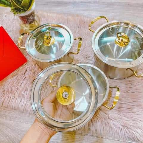 Bộ nồi inox Misu Louis truyền nhiệt nhanh, bộ nồi 3 đáy nắp thủy tinh chùi rửa dễ dàng chất liệu an toàn cao cấp Angola