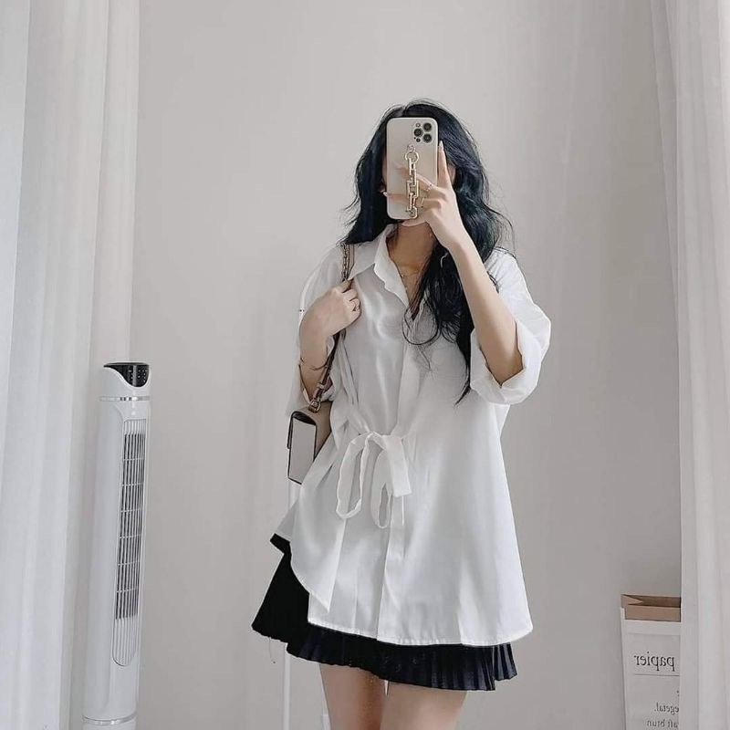 Áo Sơmi form Oversized Dây Thắt Eo - Sơ Mi Buộc Lệch Eo Dài Tay Nâu Be Xanh Trắng
