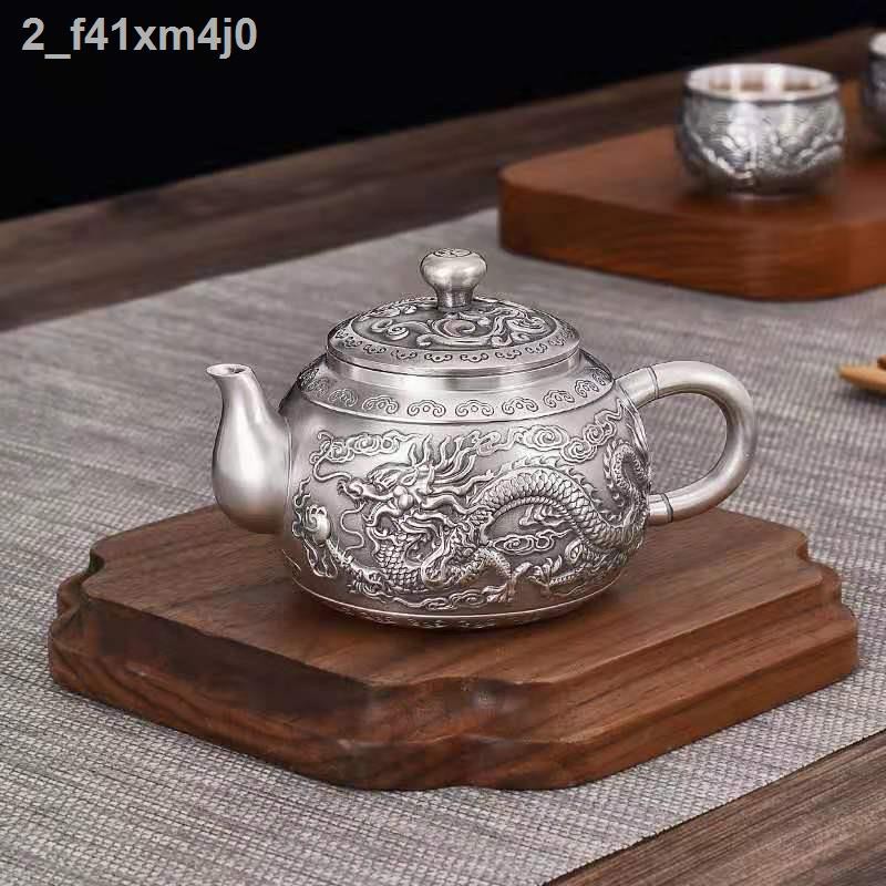 ✒ ■ ▥Dragon và bộ ấm trà bạc Phượng Hoàng 999 rượu nguyên chất 1 khay bình 4 chén phong cách cổ điển Châu Âu tặng miễn p