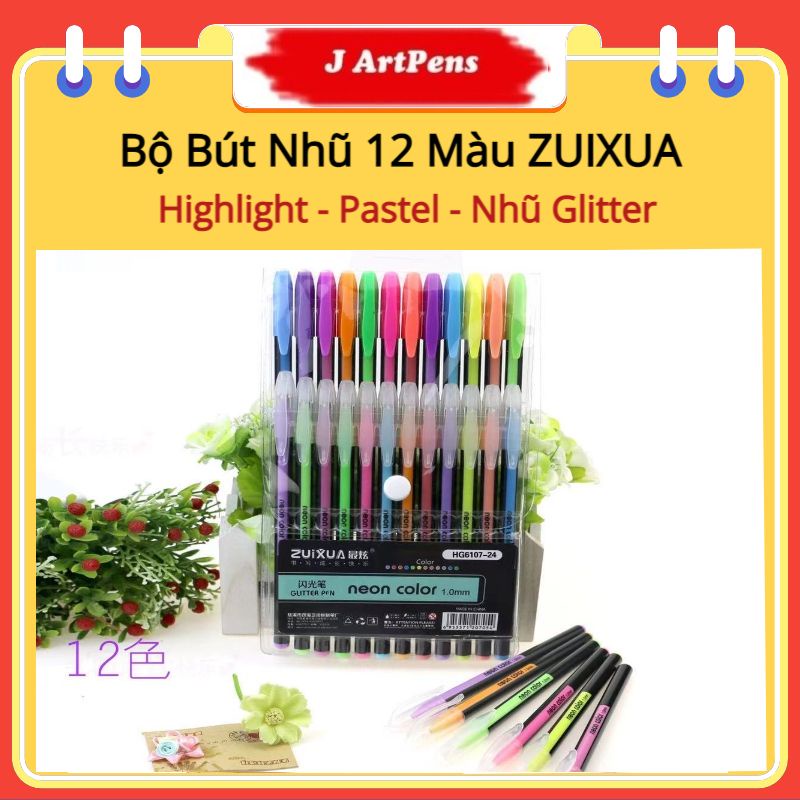 Bộ Bút Nhũ Neon Color ZUIXUA 12 Màu Loại Highligh, Glitter, Pastel Dùng Để Trang Trí, Highlight, Take Note