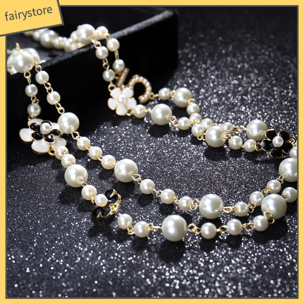 Dây chuyền dài hai lớp nhiều mặt họa tiết xỏ ngọc trai giả cho nữ