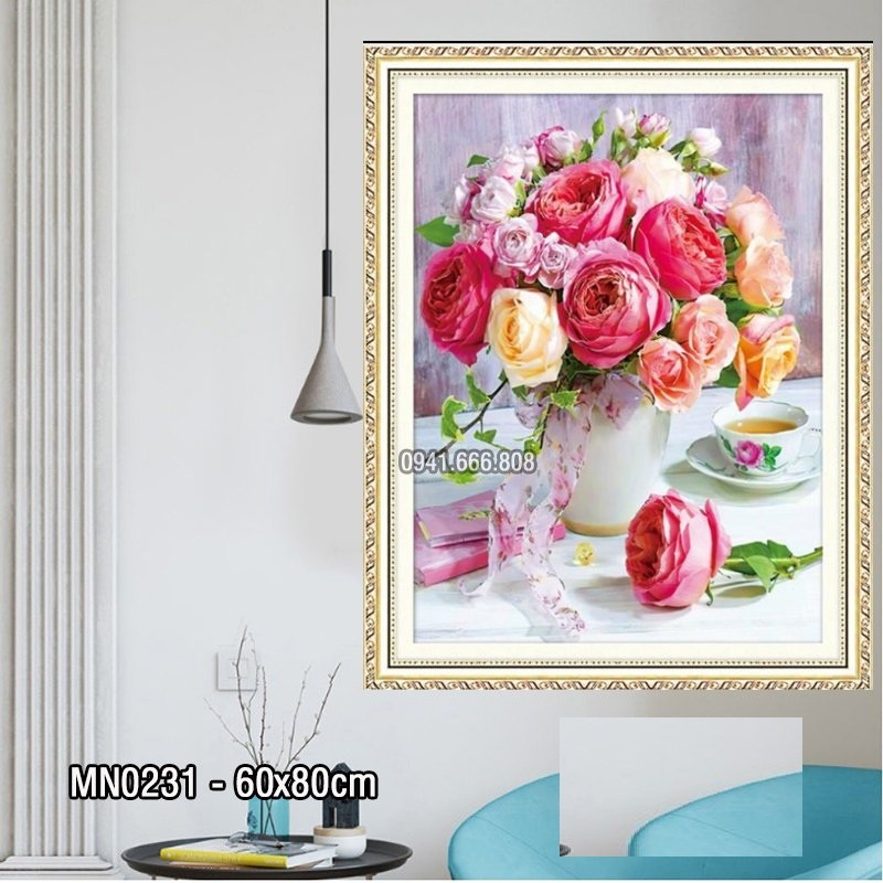 Tranh thêu kín hoa hồng KT:60x80cm,tranh chưa thêu,tặng kéo và xỏ chỉ.
