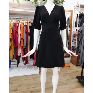 604 - Đầm xòe tay phồng cổ tim chéo