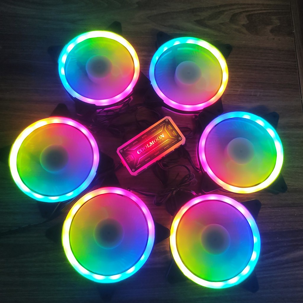 Bộ 6 Quạt Tản Nhiệt, làm mát máy tính, Fan Led, Fan Case KNC V2 Led RGB Dual Ring Led đồng bộ Hub Quạt Coolmoon