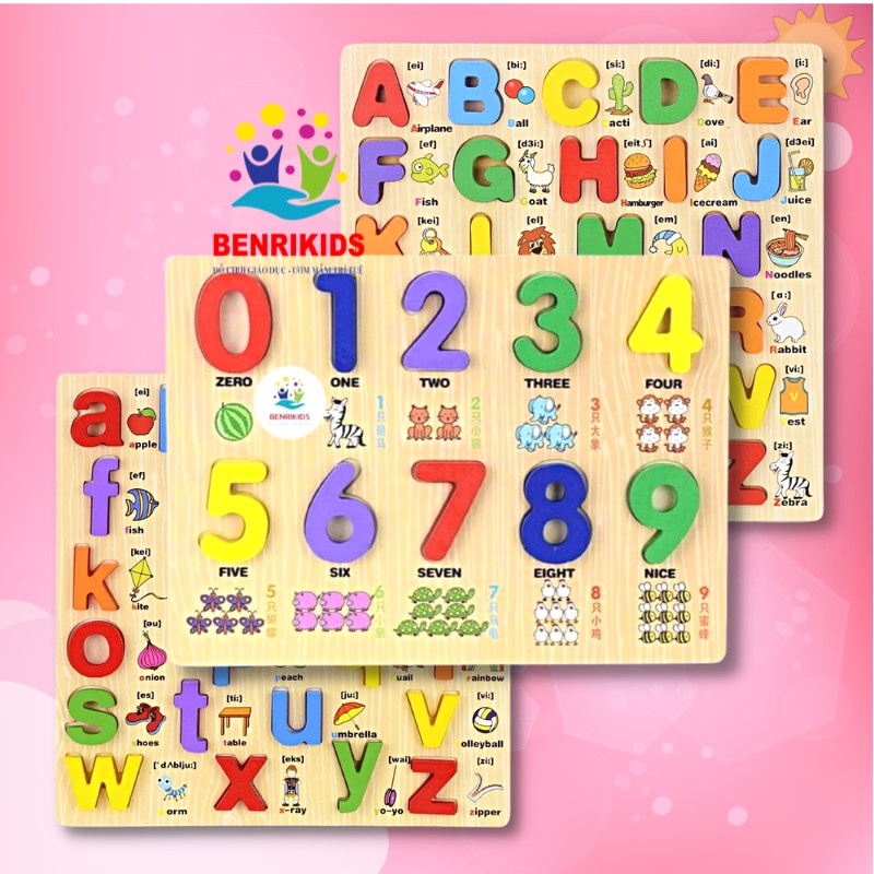 Đồ Chơi Gỗ, Bảng Chữ, Số Nổi In Hoa, In Thường Song Ngữ Giúp Bé Học Chữ Cái Tiếng Anh(Có Phiên Âm)
