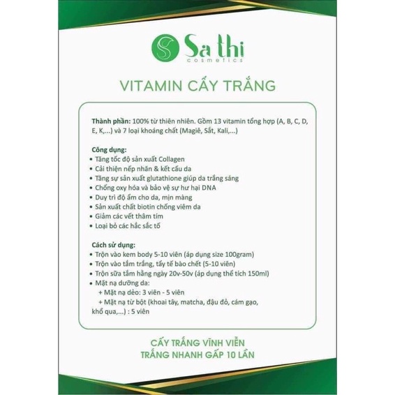 Viên Vitamin Kích Trắng Da Sa Thị gói 50 viên