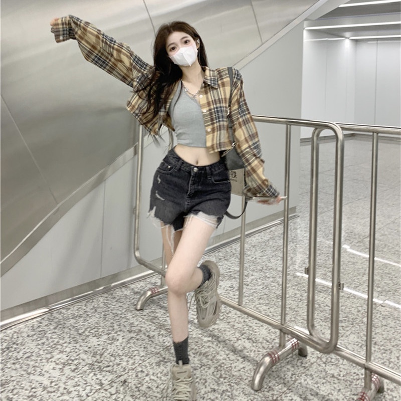 Áo Sơ Mi Nữ Ca Rô Dài Tay Cổ Bẻ Thời Trang Hàn