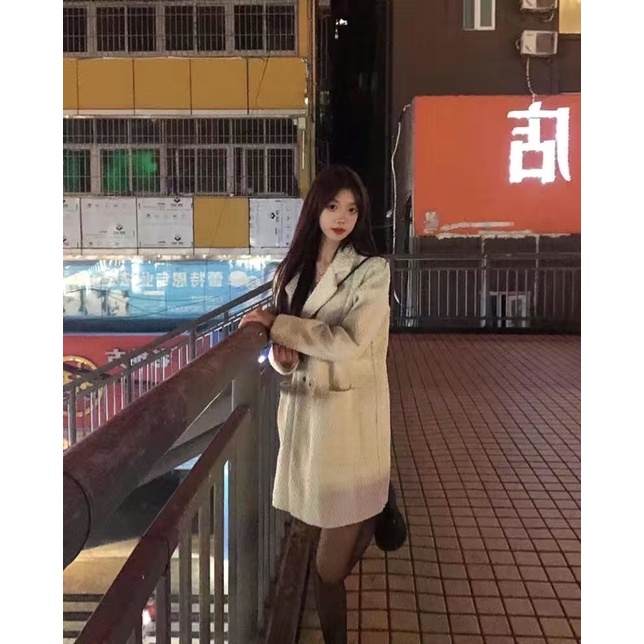 Áo khoác dạ tweed suông cổ vest dáng dài trắng đen