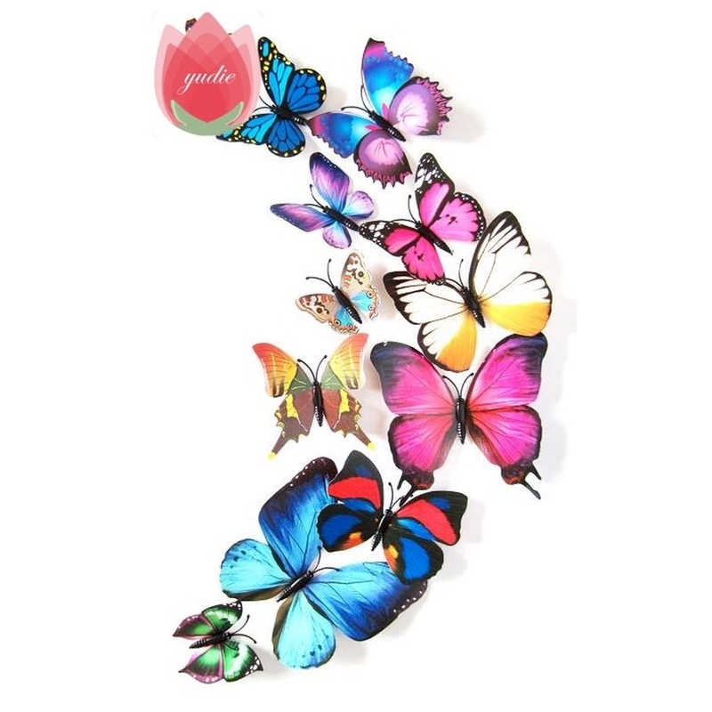 12 Miếng Dán Tủ Lạnh Hình Bướm 3D Nhiều Màu Sắc Có Nam Châm Dễ Thương Trang Trí Nhà Cửa DIY