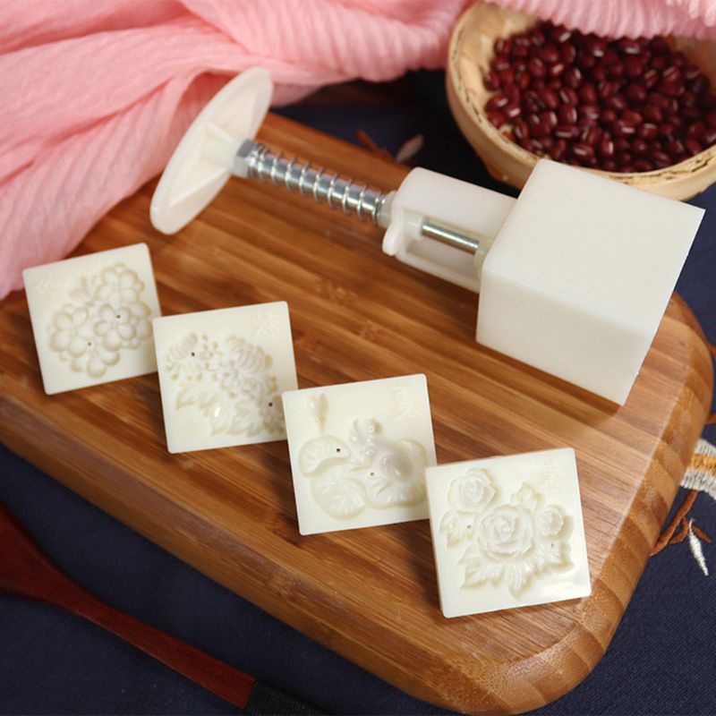 Khuôn Nhấn Làm Bánh Trung Thu Hình Vuông Mặt Hình Hoa 50g Diy