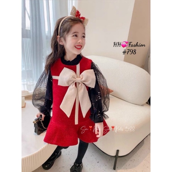 Set váy nhung đỏ kèm áo phối tay voan chất đẹp bé gái diện tết noel