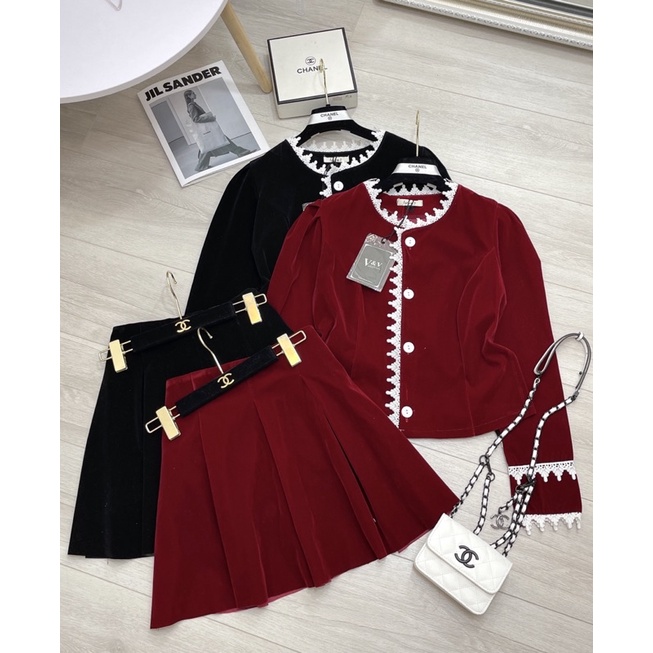 Set Váy Nhung Áo Phối Bèo Chân Váy Xoè Hai Màu Đen Đỏ