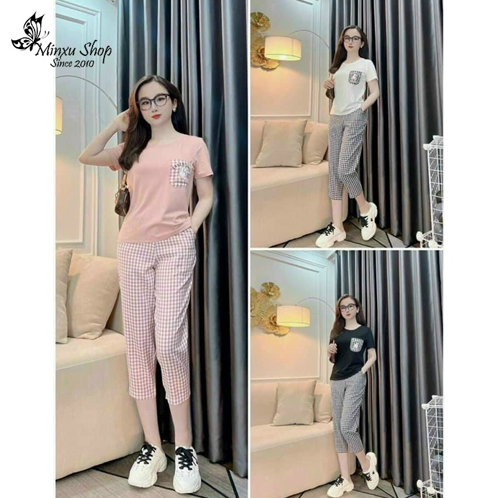 Bộ ngủ nữ áo ngắn tay quần dài kẻ caro hình thỏ Minxu shop SE06