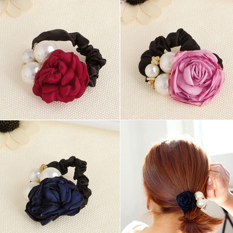 Dây Cột Tóc Ruy Băng Satin Đính Hoa Hồng Và Ngọc Trai Cho Nữ YOUYO