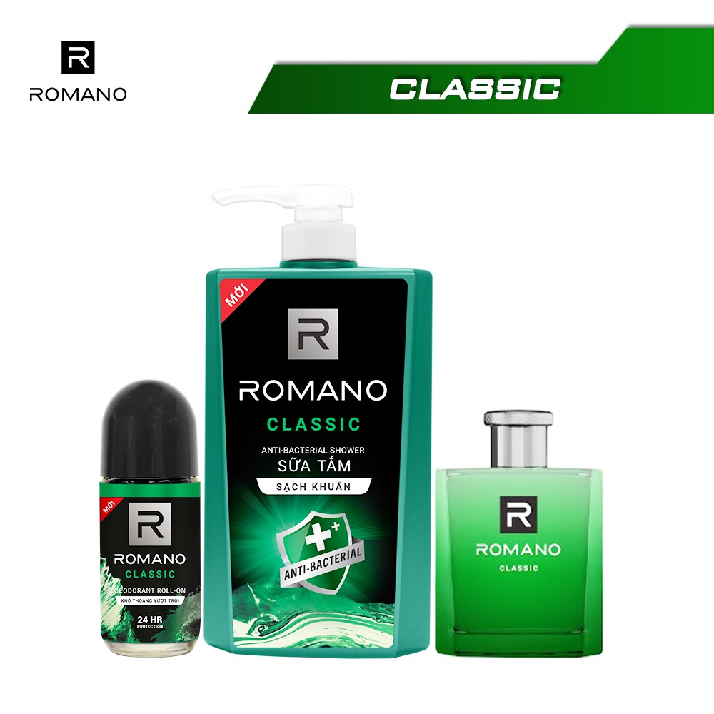 Combo Romano: Sữa tắm sạch khuẩn Classic 650G + Nước hoa Classic 50ml + Lăn khử mùi Classic 50ml