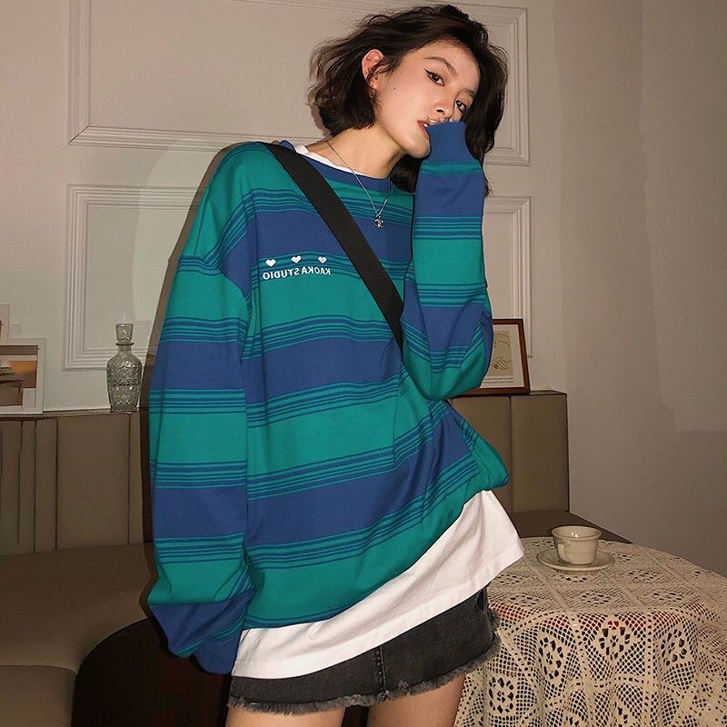 Áo Sweater Nỉ Lót Bông Tay Dài Form Rộng Kẻ Sọc Ngang Cực Phong Cách