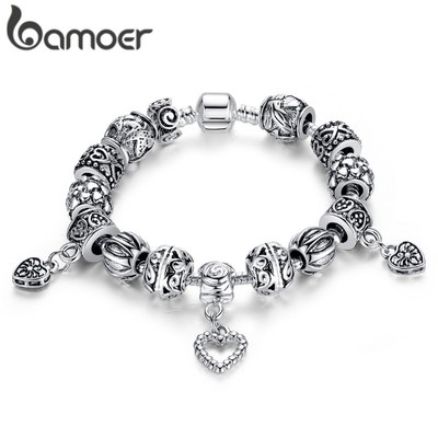 Vòng tay Bamoer PA1431 xỏ hạt thủy tinh và hạt màu đen thời trang cho nữ