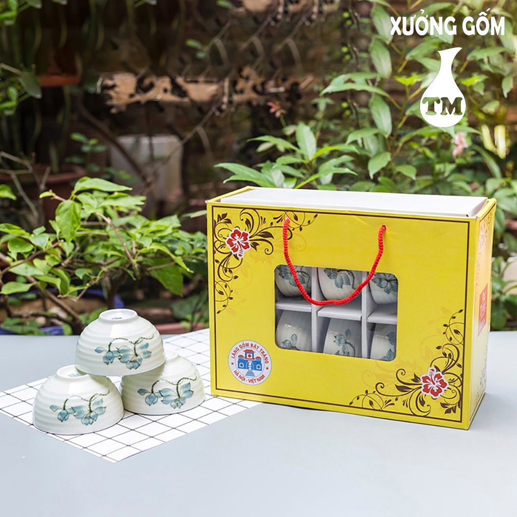 Bộ Bát Chén Ăn Cơm Men Kem Họa Tiết Hoa Sen-Đào Vẽ Tay Xưởng Gốm TM Bát Tràng