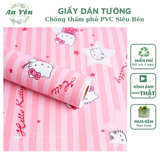 Decal giấy dán tường kitty màu hồng - khổ giấy 1m20cm,giấy dán tường phủ pvc có keo sẵn chống ẩm mốc