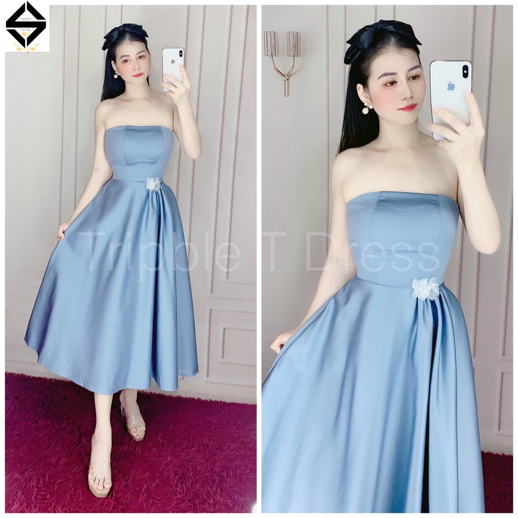 Đầm xoè cúp ngực phối hoa eo chất lụa taffeta sang trọng TRIBLE T DRESS - size M/L - MS241V