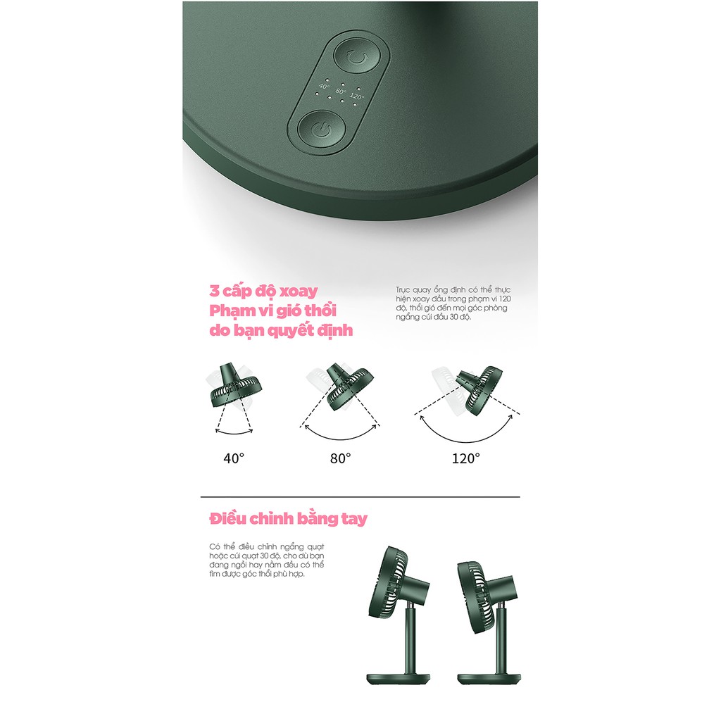 Quạt mini để bàn  tích điện  tự động xoay chính hãng Jisulife, pin 8000 mAh, chỉnh cao thấp tùy ý, bảo hành 12 th | BigBuy360 - bigbuy360.vn