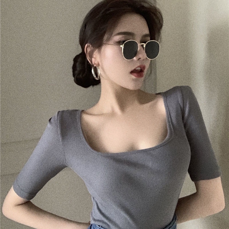 Áo Thun Tay Ngắn Cổ Vuông Hở Xương Quai Xanh Đơn Giản Thời Trang Xuân Hè Hàng Mới Dành Cho Bạn Nữ 2022